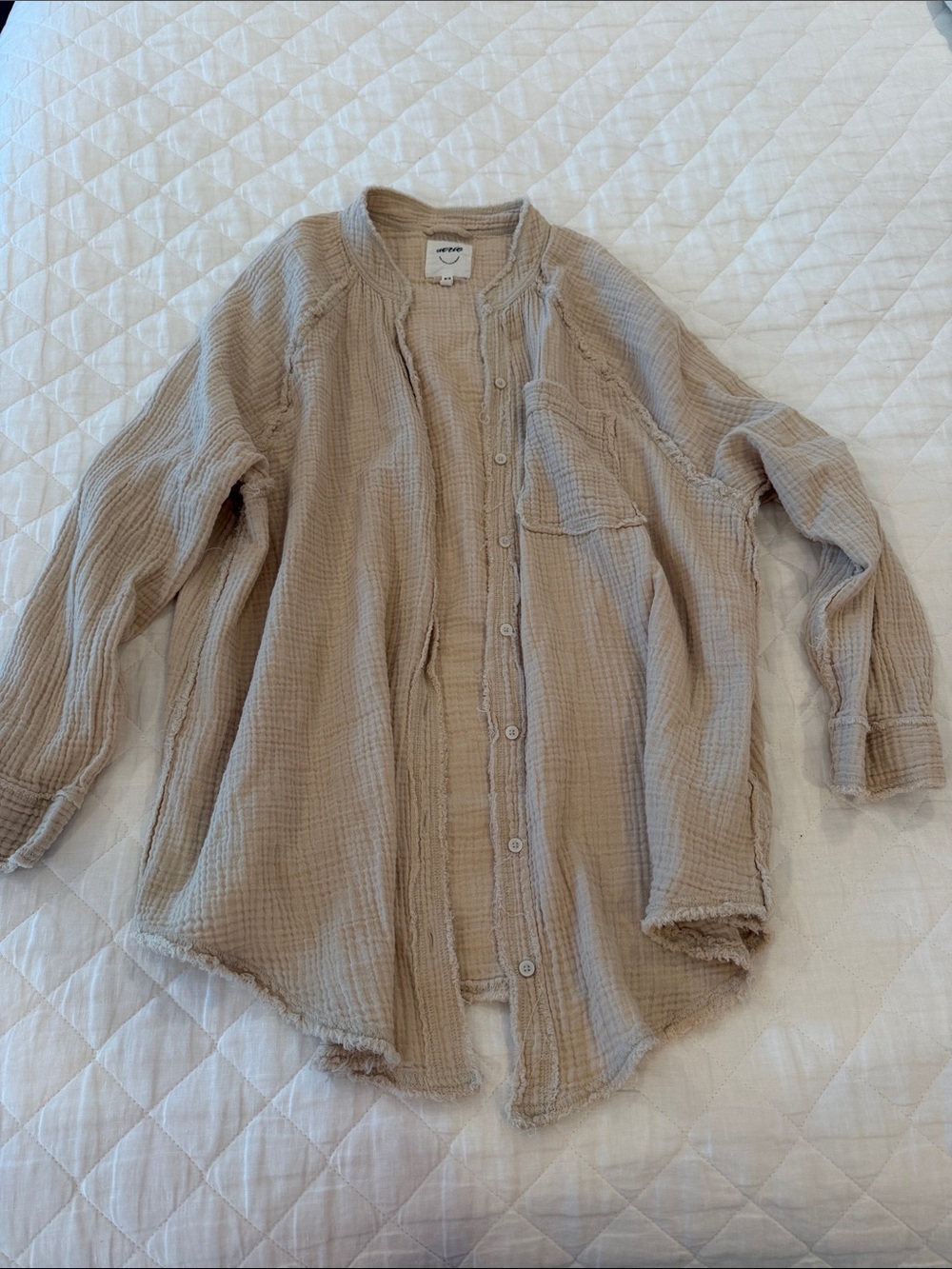 aerie Beige Textured Gauze Button-Front Top